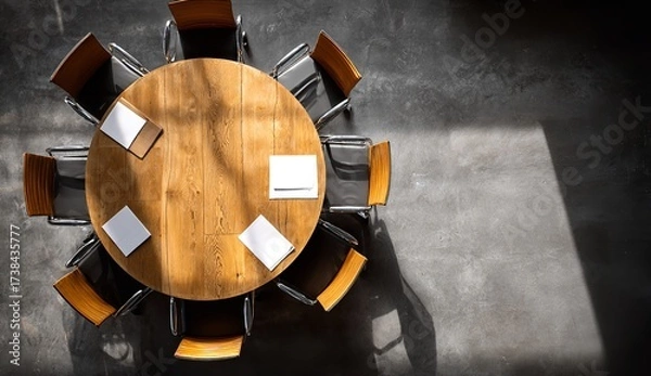 Fototapeta Modern conference room with round wooden table and sleek chairs set for important meeting inviting collaboration and productivity