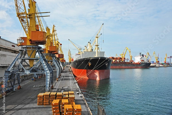 Fototapeta Bulk cargo ship under port crane
