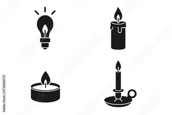 Fototapeta Light and candle icon set vector illustration. Black silhouette of lightbulb, wax candle, tea light, and candlestick holder. Metaphor for idea, energy, power, and candlelight.