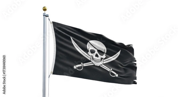 Fototapeta Isolated pirate flag flying, black flag, skull and crossbones, wind waving on flagpole