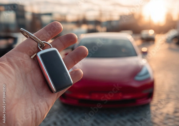 Fototapeta Ai holding a car key fob with a red electric vehicle in the background during sunset