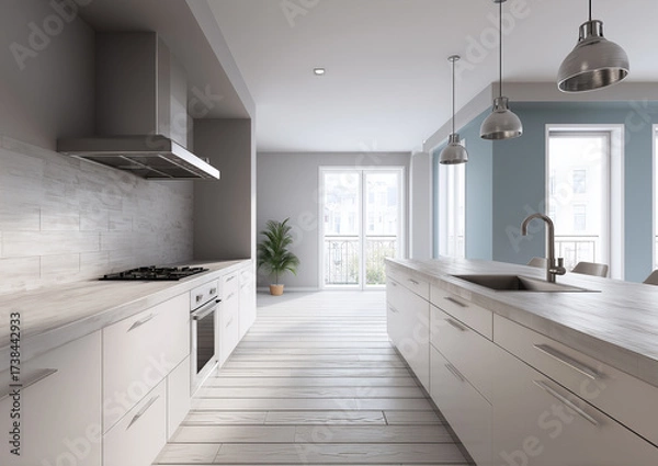 Fototapeta Ai modern kitchen interior design with sleek cabinets and elegant lighting in a spacious layout