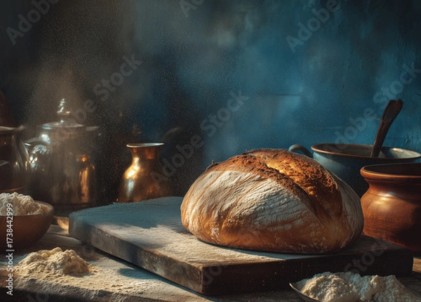 Fototapeta Ai freshly baked artisan bread on a wooden board with flour and kitchen utensils in a cozy setting