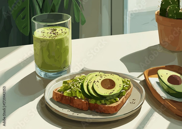 Fototapeta Ai healthy breakfast featuring avocado toast and green smoothie in a sunny kitchen