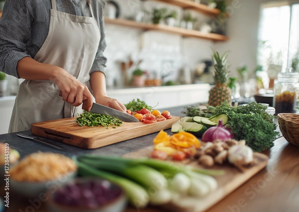 Fototapeta Ai chopping fresh vegetables for a healthy meal in a modern kitchen during daytime