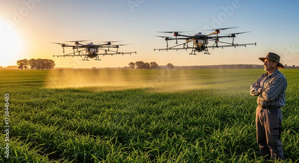 Fototapeta Farmer Oversees Automated Drone Spraying Crops at Sunset
A confident farmer stands in a lush green field at sunset, observing two agricultural drones precisely applying spray to the crops
