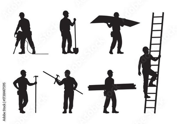 Fototapeta Construction Worker Silhouettes with Tools and Equipment Vector Set