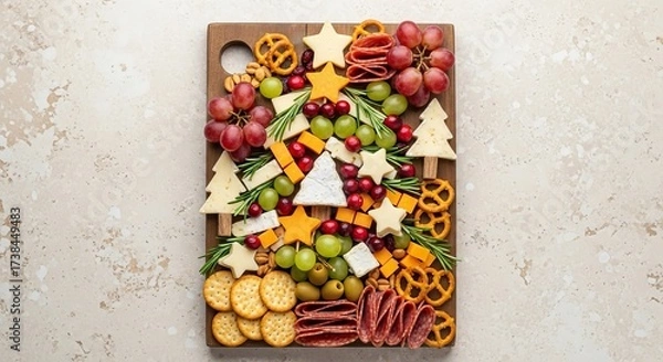 Obraz Festive holiday charcuterie board with cheese, grapes, crackers, and meats arranged in a Christmas tree shape.