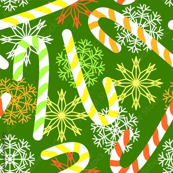 Fototapeta Seamless Christmas pattern with colorful sugar canes and snowflakes on a green background