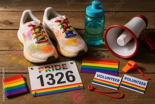 Fototapeta Pride run event gear display community park sports equipment vibrant rainbow theme close-up view inclusivity concept