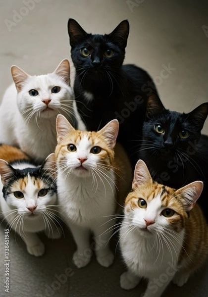 Obraz A portrait of seven adorable cats looking upwards in a studio setting. The cats showcase varied colors and patterns, adding to the visual interest