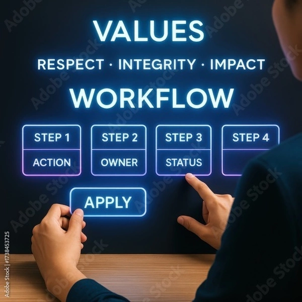 Obraz Workflow management enhancing values of respect integrity and impact in business environments with interactive steps