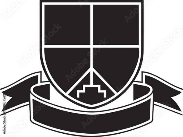 Fototapeta A powerful vector shield and banner emblem template in black and white, featuring bold stripes. It's perfect as a retro badge, quality seal, or sports crest design element.