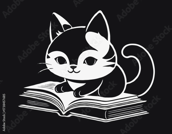 Fototapeta Adorable Cat Enjoying a Book While Reading Intently in a Charming Black and White Vector