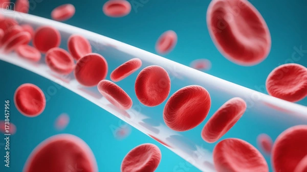 Fototapeta A microscopic view of blood cells, with distinct red and white cells, flowing inside a blood vessel. This vivid digital illustration highlights the essential components of the human circulatory system