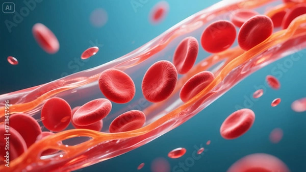 Fototapeta A microscopic view of blood cells, with distinct red and white cells, flowing inside a blood vessel. This vivid digital illustration highlights the essential components of the human circulatory system