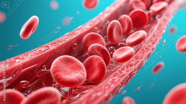 Fototapeta A microscopic view of blood cells, with distinct red and white cells, flowing inside a blood vessel. This vivid digital illustration highlights the essential components of the human circulatory system