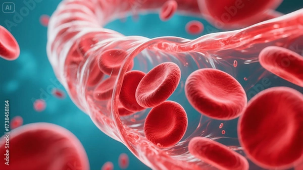 Fototapeta A microscopic view of blood cells, with distinct red and white cells, flowing inside a blood vessel. This vivid digital illustration highlights the essential components of the human circulatory system
