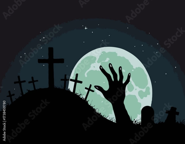 Fototapeta Zombie Hand Rising from the Grave with Full Moon Silhouette Background Vector Illustration