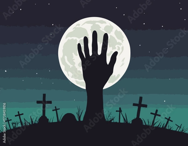 Fototapeta Zombie Hand Rising from the Grave with Full Moon Silhouette Background Vector Illustration