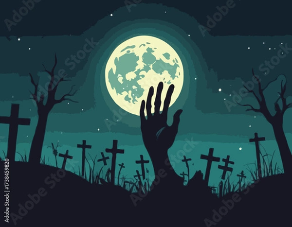 Fototapeta Zombie Hand Rising from the Grave with Full Moon Silhouette Background Vector Illustration