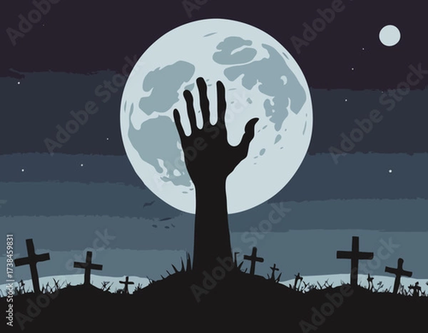Fototapeta Zombie Hand Rising from the Grave with Full Moon Silhouette Background Vector Illustration