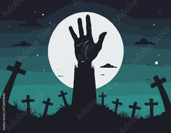 Fototapeta Zombie Hand Rising from the Grave with Full Moon Silhouette Background Vector Illustration