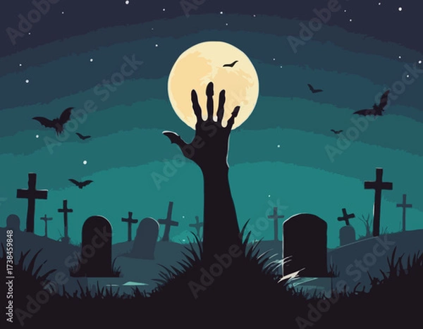 Fototapeta Zombie Hand Rising from the Grave with Full Moon Silhouette Background Vector Illustration
