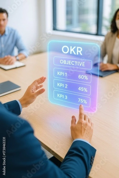 Fototapeta Business meeting on okr strategy implementation office digital presentation modern workspace professional performance metrics