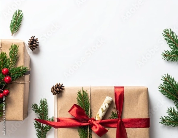 Fototapeta Christmas border with rustic gifts and banner copy space
