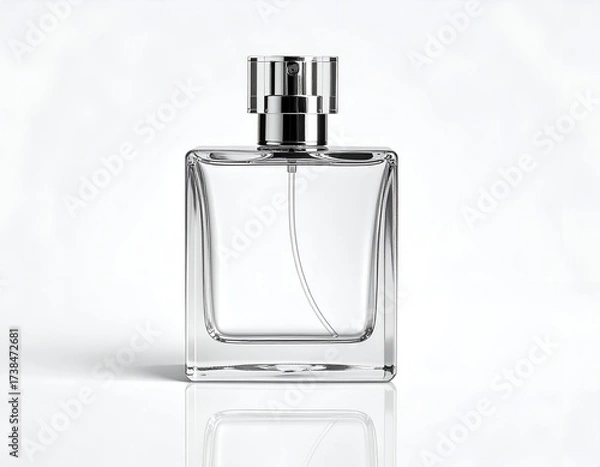 Fototapeta Clear, square-shaped perfume bottle with metallic cap, against white background