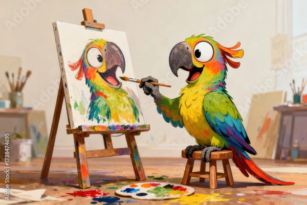 Fototapeta Colorful cartoon parrot sitting on stool joyfully painting self-portrait on canvas in bright artist studio with playful expression