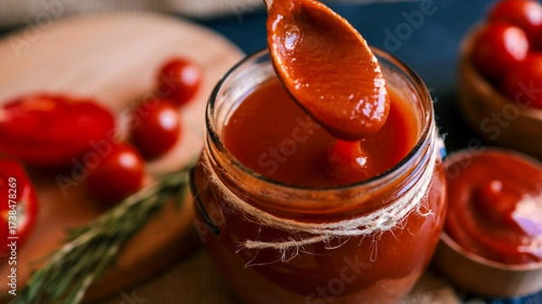 Fototapeta Homemade tomato sauce being scooped from a jar with a wooden spoon.