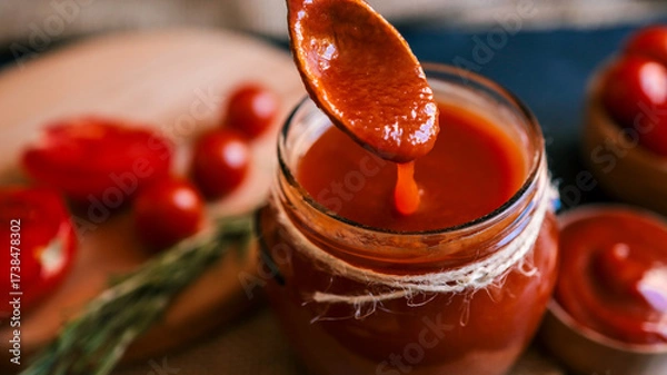 Fototapeta Homemade tomato sauce dripping from a wooden spoon into a jar.