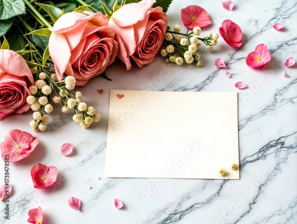 Fototapeta A blank greeting card on a marble table with a bouquet of pink roses. A romantic setting for a mockup with fresh flowers, petals, and a blank note card.