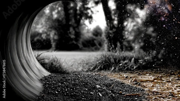Fototapeta A conceptual image shows a surreal transition from a dark gravel path to a vibrant, star-filled cosmos.