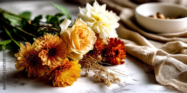 Fototapeta An autumn floral arrangement with a rose and chrysanthemums on a marble tabletop.