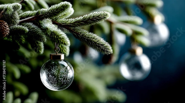 Fototapeta A transparent glass Christmas bauble with an etched pattern hangs on a frosted fir branch against a blurred blue background.