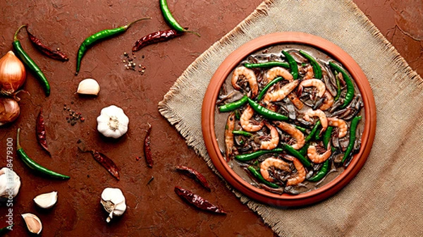 Fototapeta Top view flat lay of a spicy shrimp stew with whole green chilies in a clay bowl, surrounded by fresh garlic and onions.