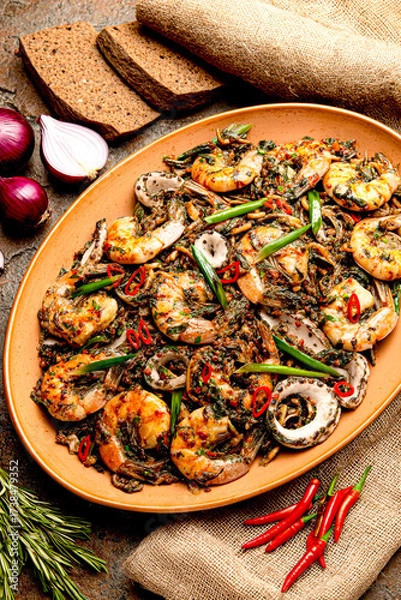 Fototapeta A rustic platter of spicy grilled shrimp and calamari with herbs and chili peppers, with rye bread and fresh vegetables on the side.