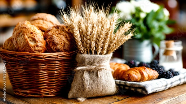 Fototapeta Rustic still life with a wicker basket of fresh bread rolls, a burlap bag of wheat ears, and a croissant on a wooden table.