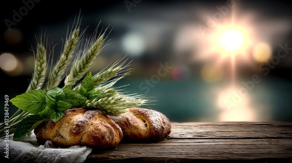 Fototapeta Two freshly baked braided bread rolls with wheat ears and mint on a rustic wooden table with a blurred background at sunset with copy space