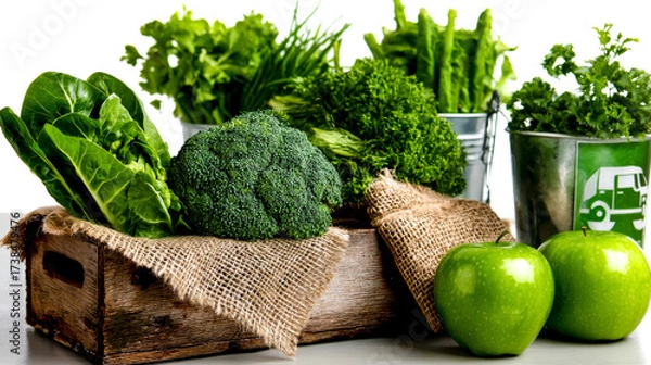 Fototapeta A healthy arrangement of fresh green vegetables and fruits on a white background, featuring broccoli, spinach, parsley, and green apples in a crate.