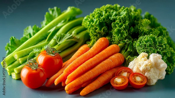 Fototapeta An assortment of fresh raw vegetables for a healthy diet, including carrots, celery, tomatoes, kale, and cauliflower on a gray background.