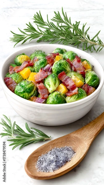 Fototapeta A white bowl of roasted brussels sprouts with crispy bacon and yellow pepper, garnished with fresh rosemary on a white marble surface.