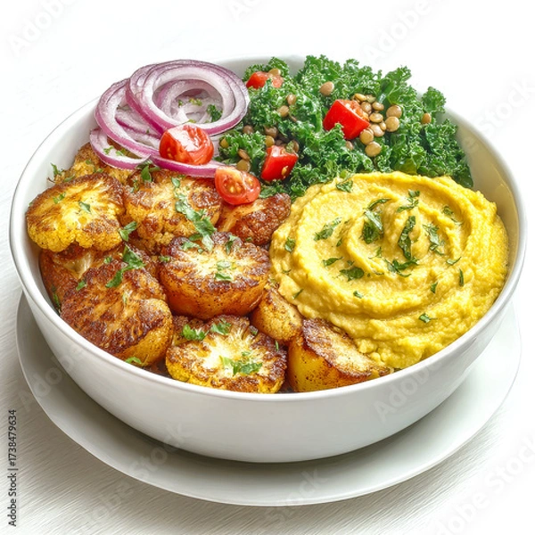 Fototapeta A healthy vegan buddha bowl with roasted cauliflower, hummus, and a fresh kale salad with lentils and red onion on a white background.