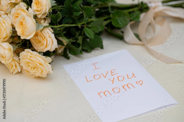 Obraz Children’s handmade greeting card for Mother's Day with a fresh yellow rose bouquet,