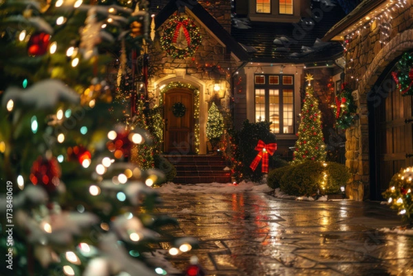 Fototapeta A beautifully decorated house adorned with twinkling lights and a snow-covered yard, creating a festive winter wonderland.
