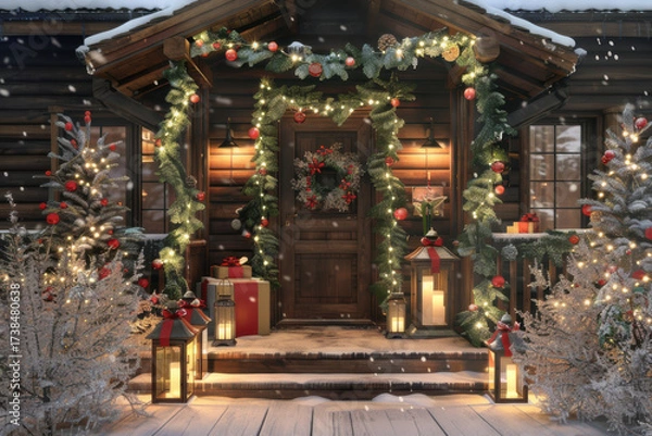 Fototapeta A beautifully decorated entrance featuring twinkling lights, a festive wreath, and snow-covered greenery, creating a warm holiday welcome.