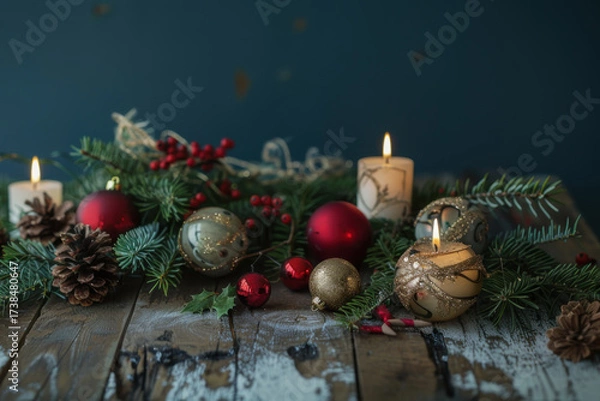 Fototapeta A cozy Christmas arrangement featuring pine branches, decorated pine cones, and red berries on a rustic wooden surface.
